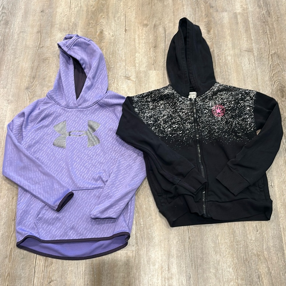 Girls med UA  (10) purple hoodie, and black/silver zip up Converse Hoodie 10/12.